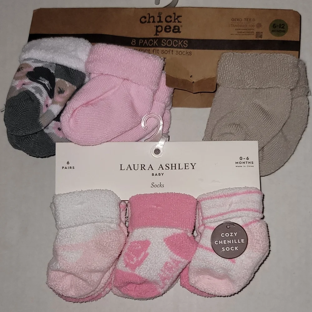 LAURA Ashley Chick Pea socks baby pink white gray ballerina 0 - 6 M